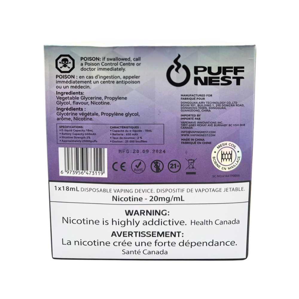 PUFF NEST 25000 PUFFS Grape Ice Disposable Vape - 18 mL, 2% Nicotine - Image 4